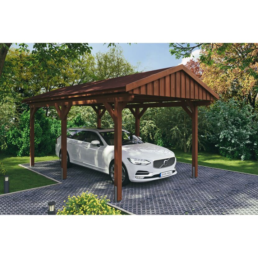 Auto steht unter einem Holzdach.