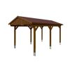Holzcarport mit rotem Dach.