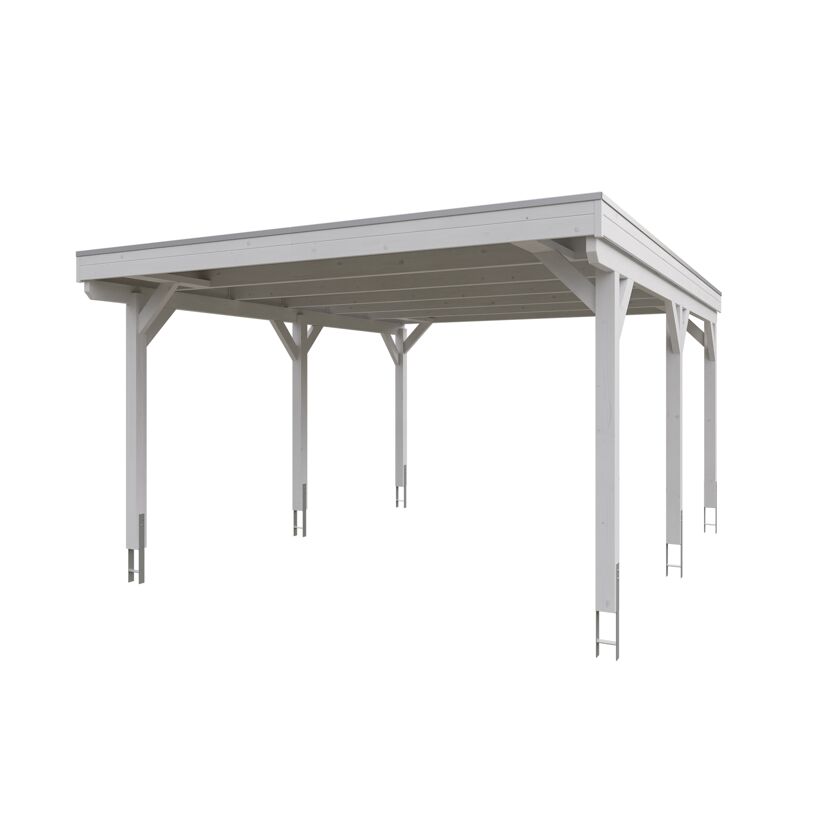 Weißer Carport aus Holz.
