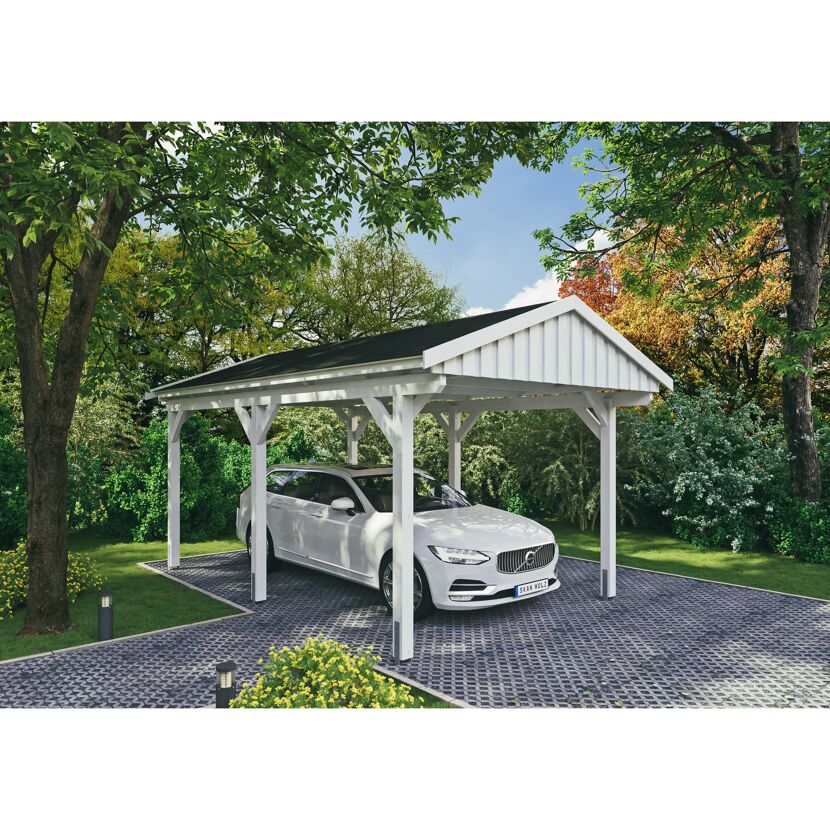 Weißer Carport mit Auto