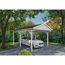 Weißer Carport mit rotem Dach und Auto darunter