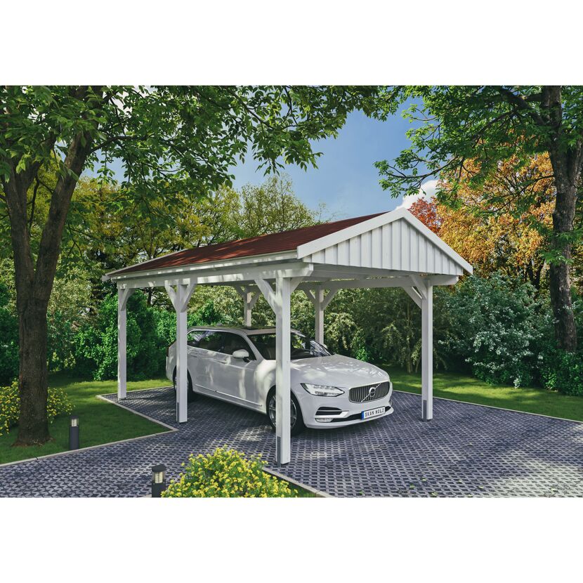 Weißer Carport mit rotem Dach und Auto darunter
