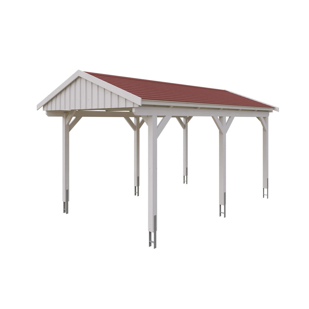 Weißer Carport mit rotem Dach