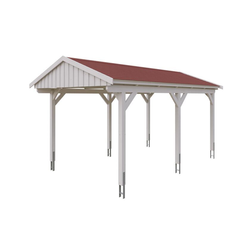 Weißer Carport mit rotem Dach