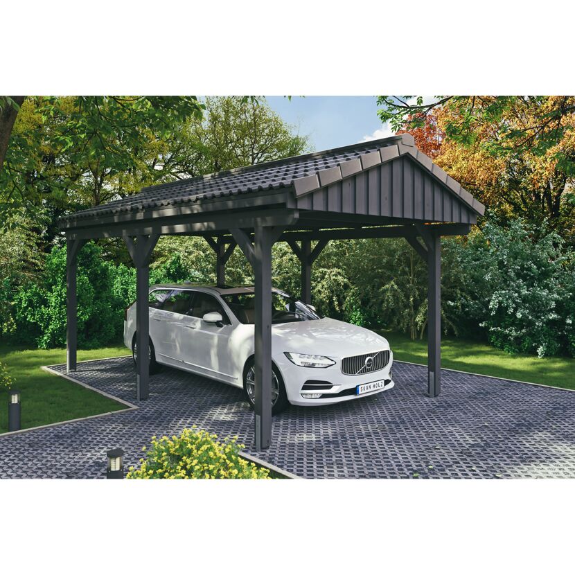 Auto steht unter einem schwarzen Carport.