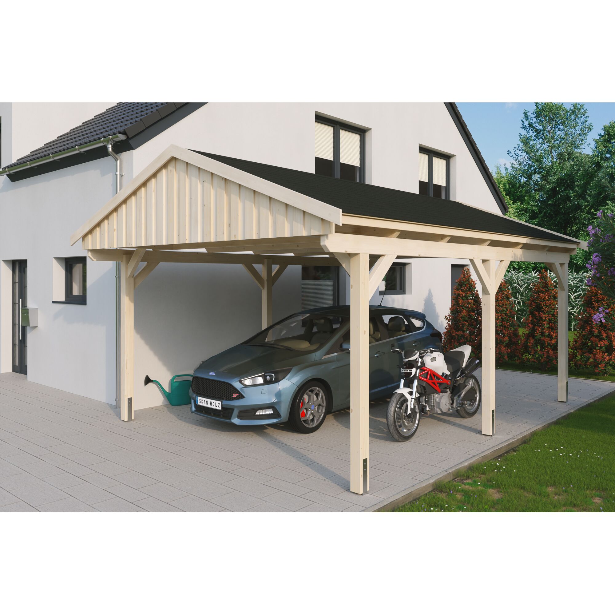 Auto und Motorrad unter einem Carport.