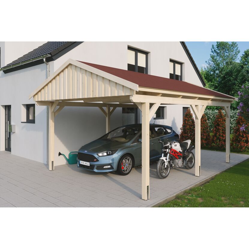 Auto und Motorrad unter einem Carport