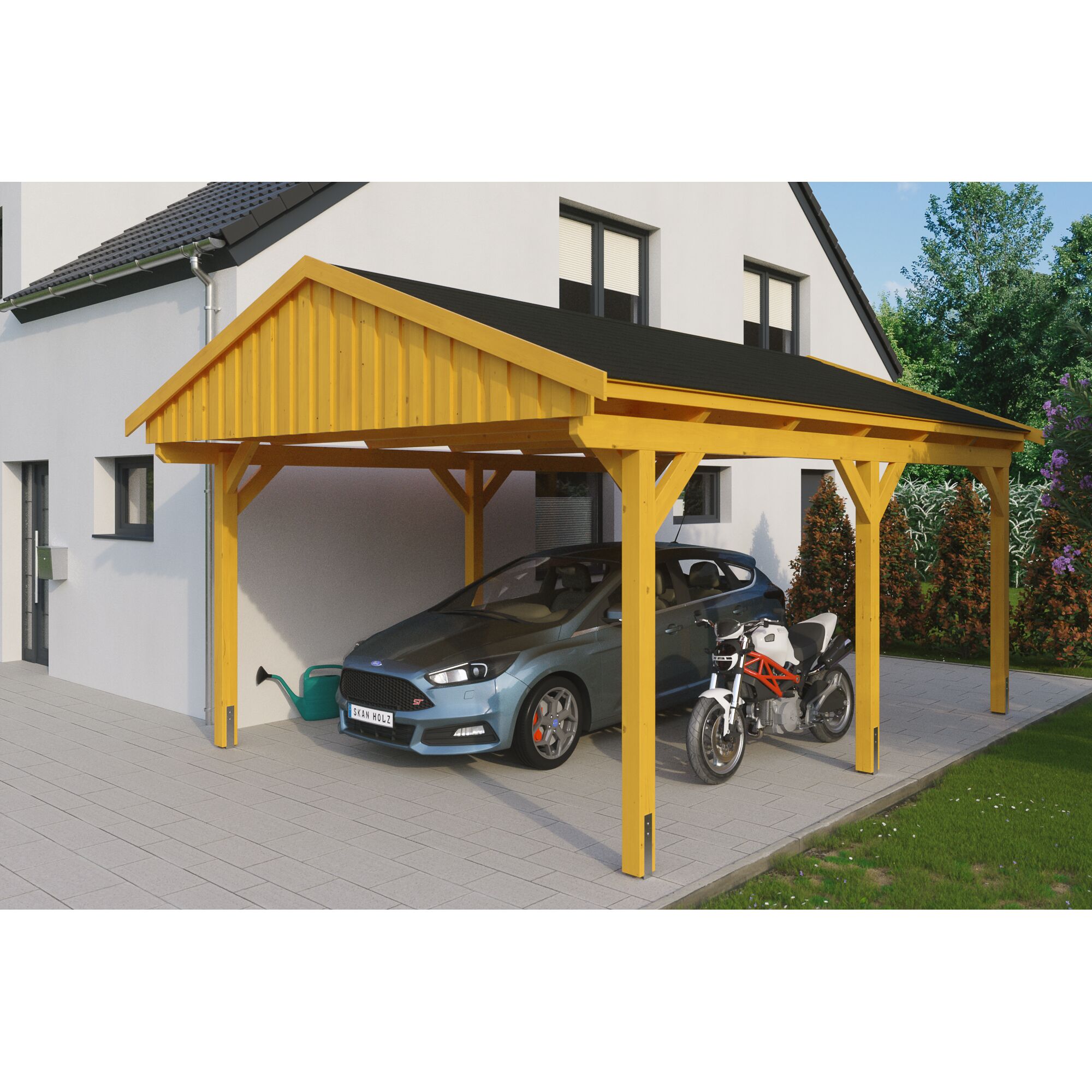 Gelber Carport aus Holz mit Auto und Motorrad