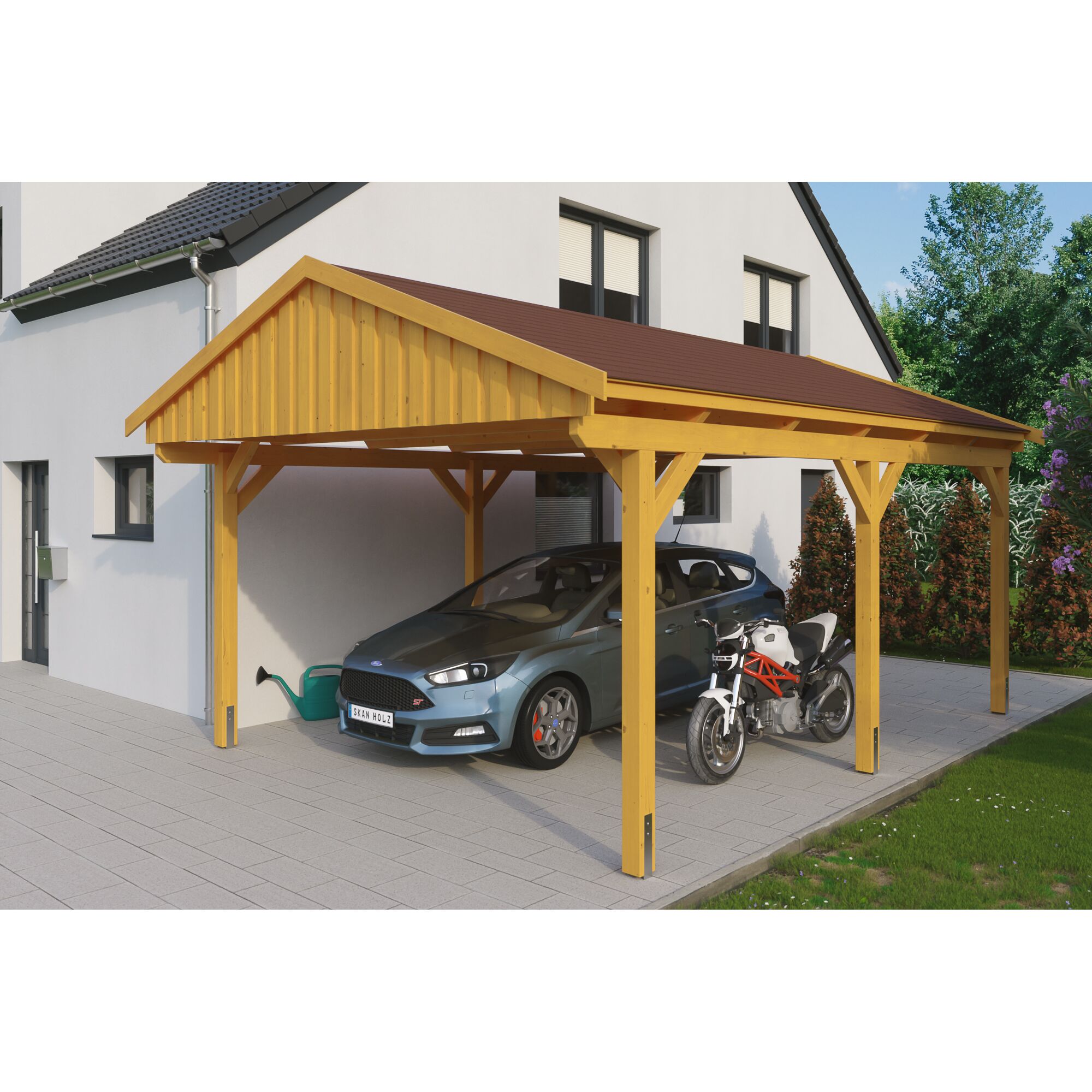 Auto und Motorrad unter einem Carport aus Holz.