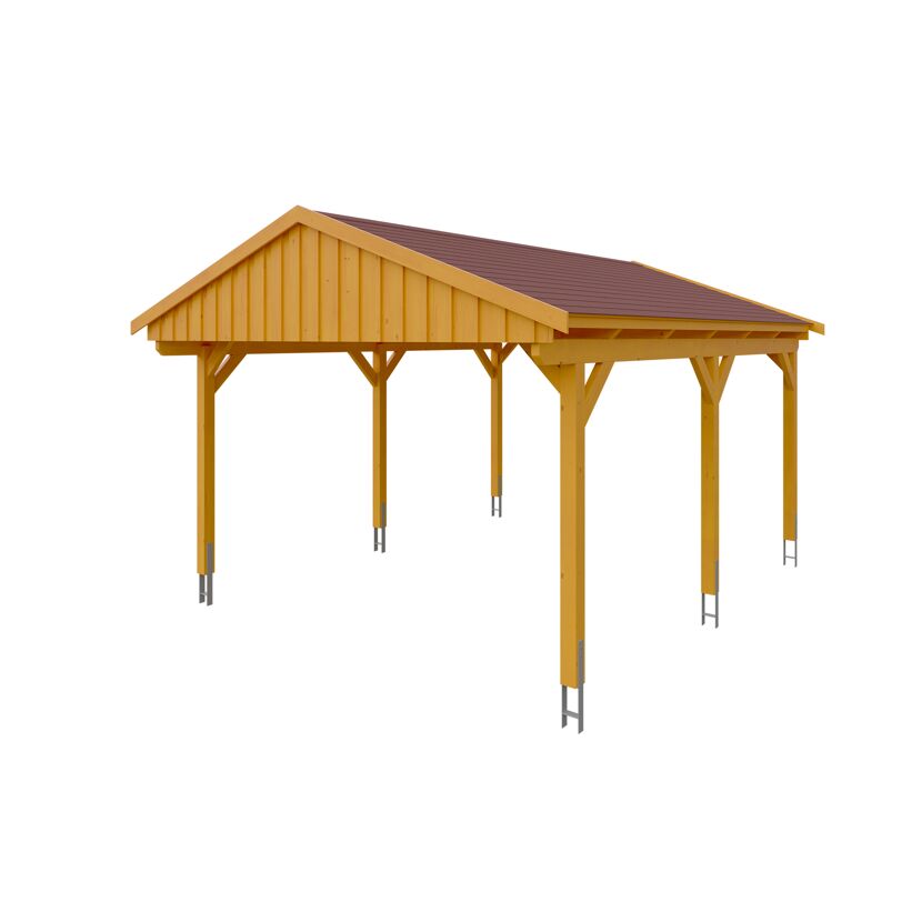 Holzcarport mit rotem Dach
