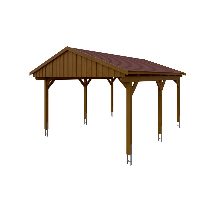 Holzcarport mit rotem Dach