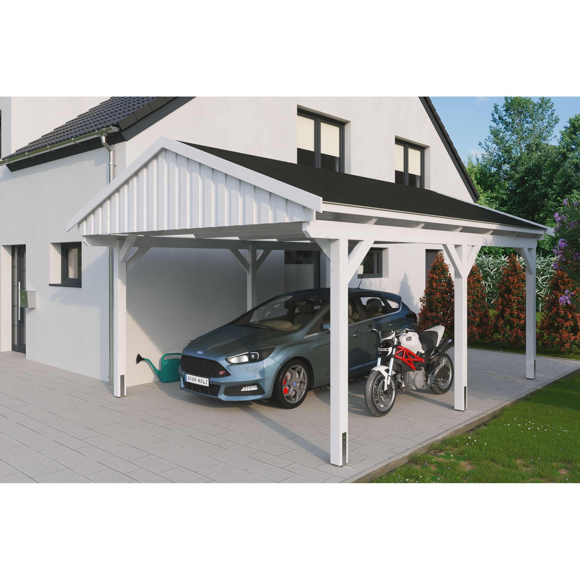 Auto und Motorrad unter einem weißen Carport.