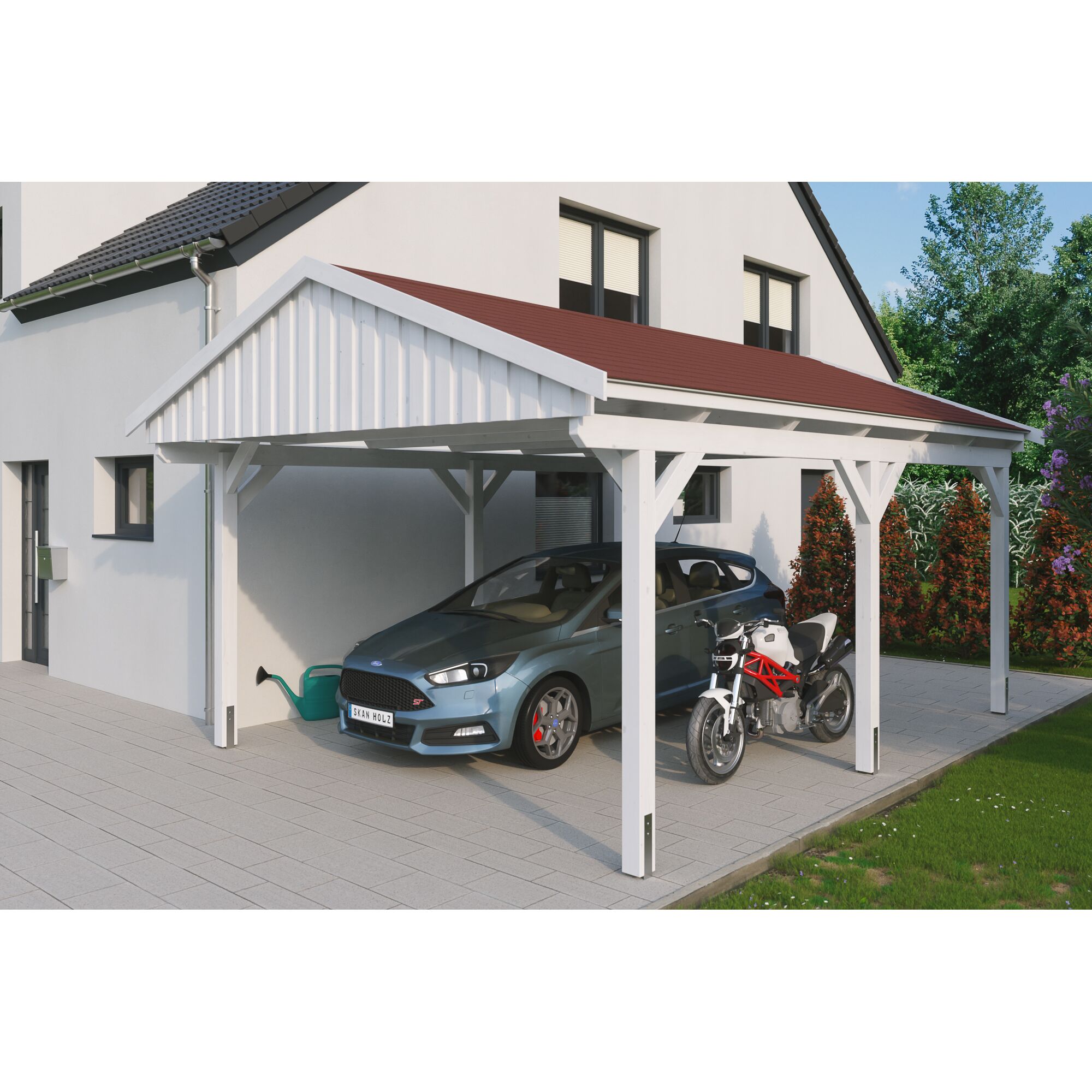 Weißer Carport mit rotem Dach, darunter ein Auto und ein Motorrad.