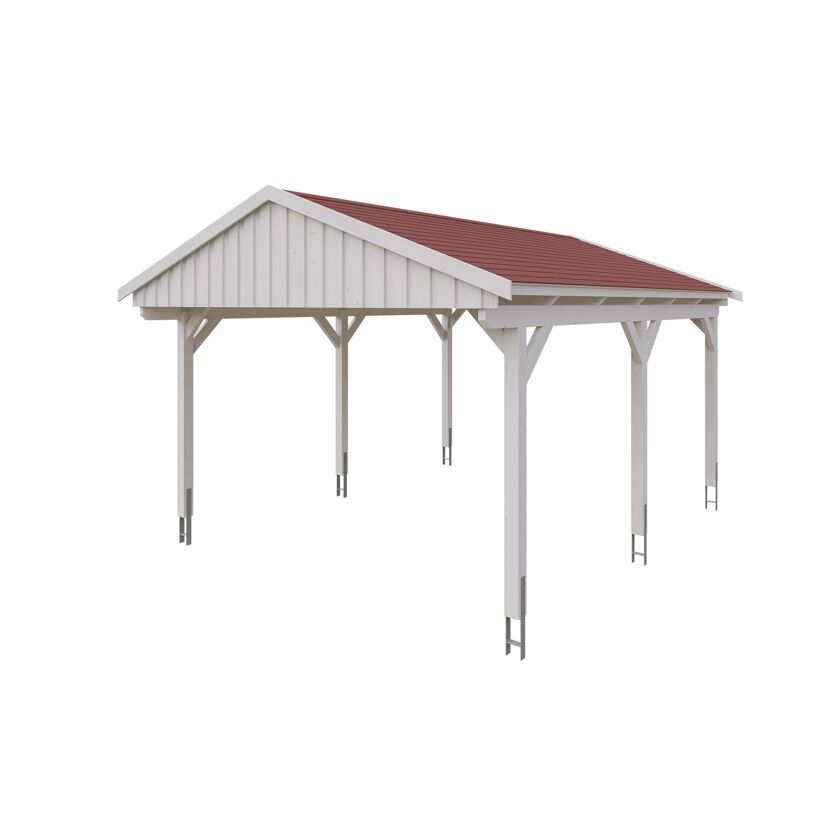 Weißer Carport mit rotem Dach