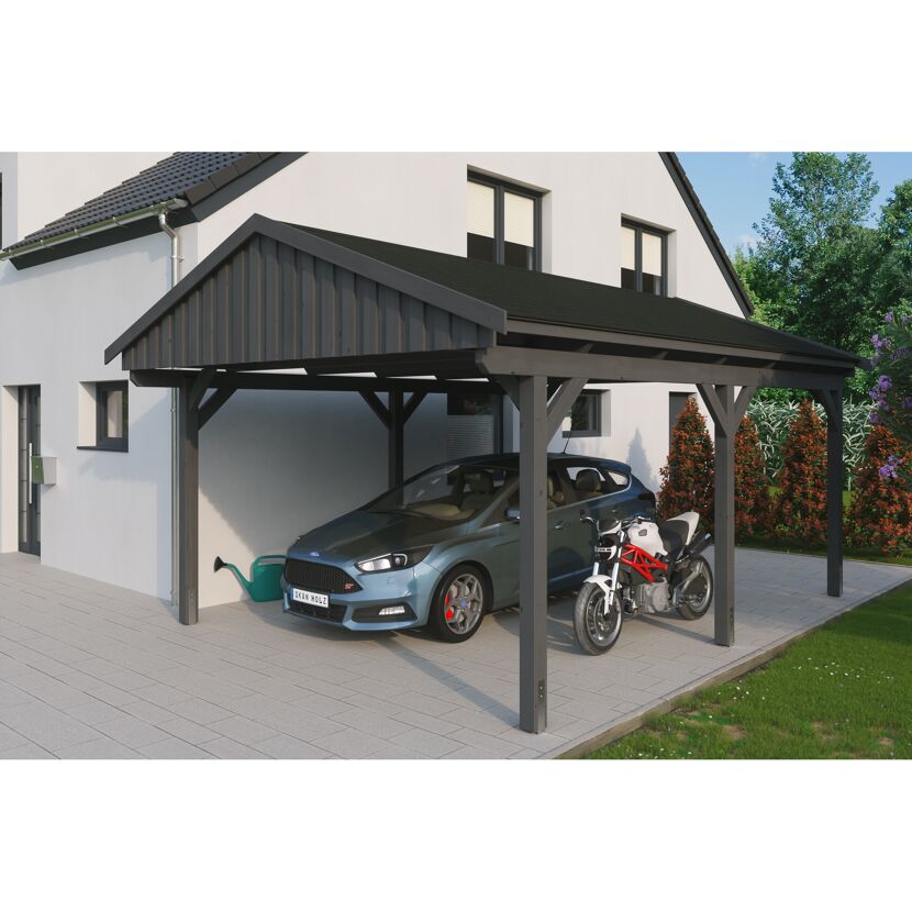 Auto und Motorrad unter einem schwarzen Carport