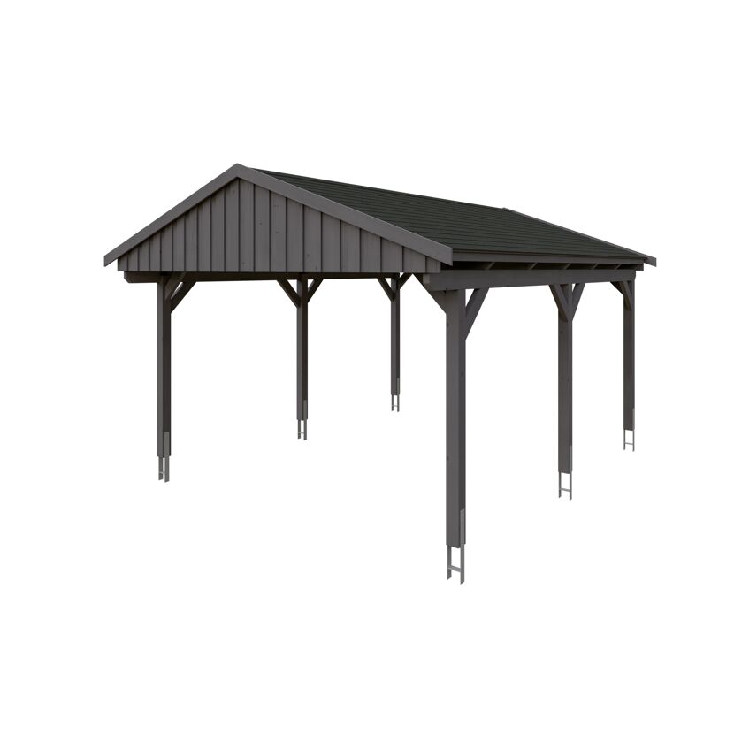 Grauer Carport mit schwarzem Dach