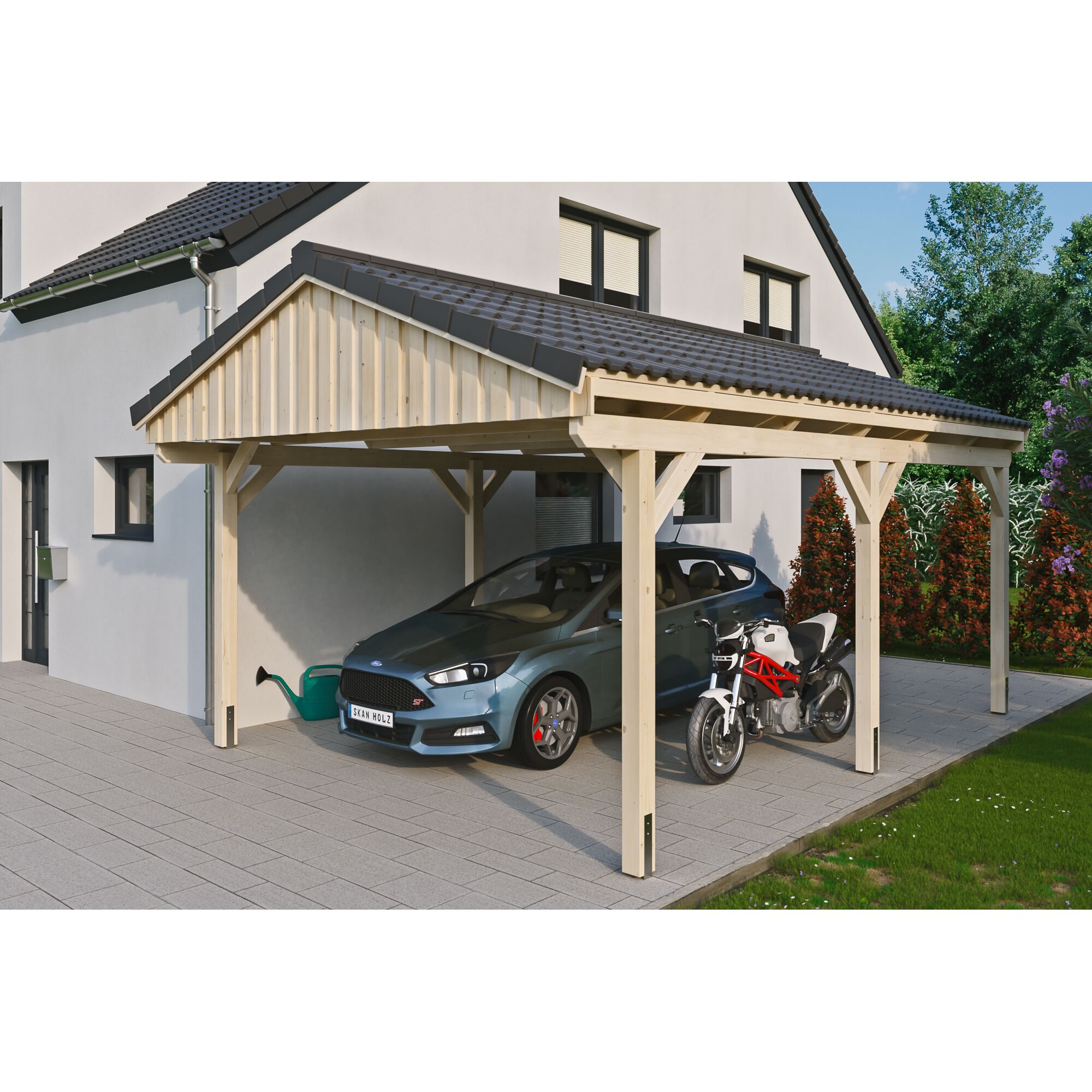 Auto und Motorrad unter einem Carport