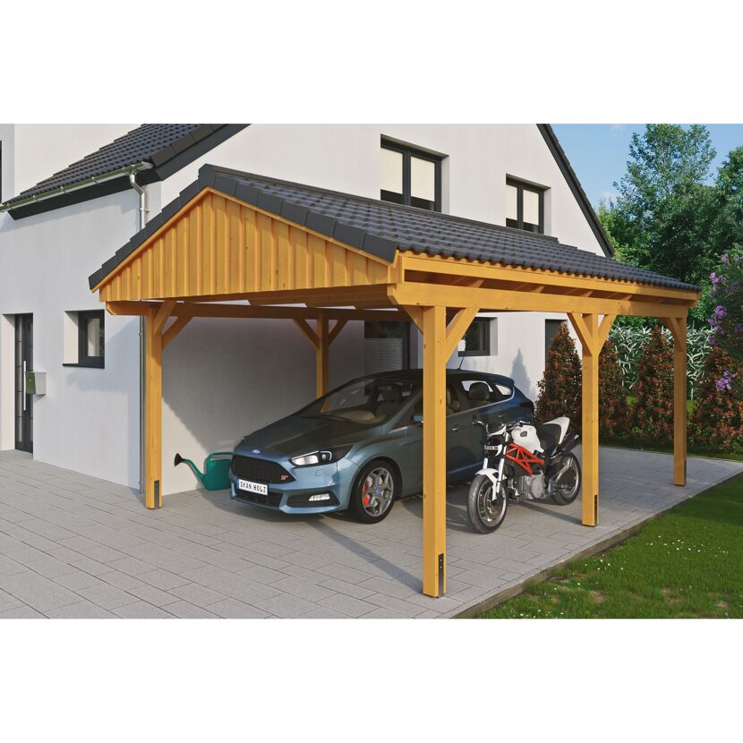 Auto und Motorrad unter einem Carport.
