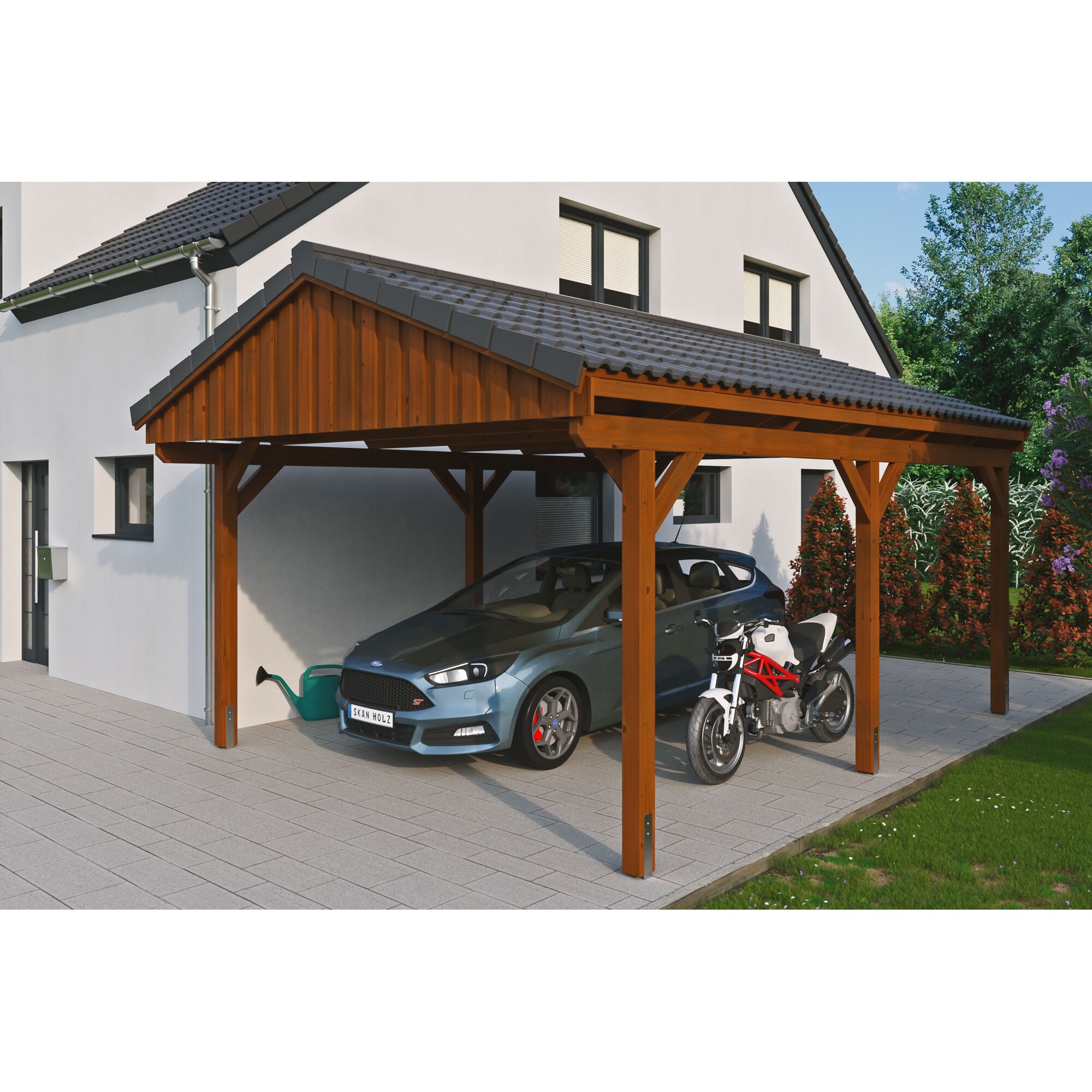 Auto und Motorrad unter einem Carport