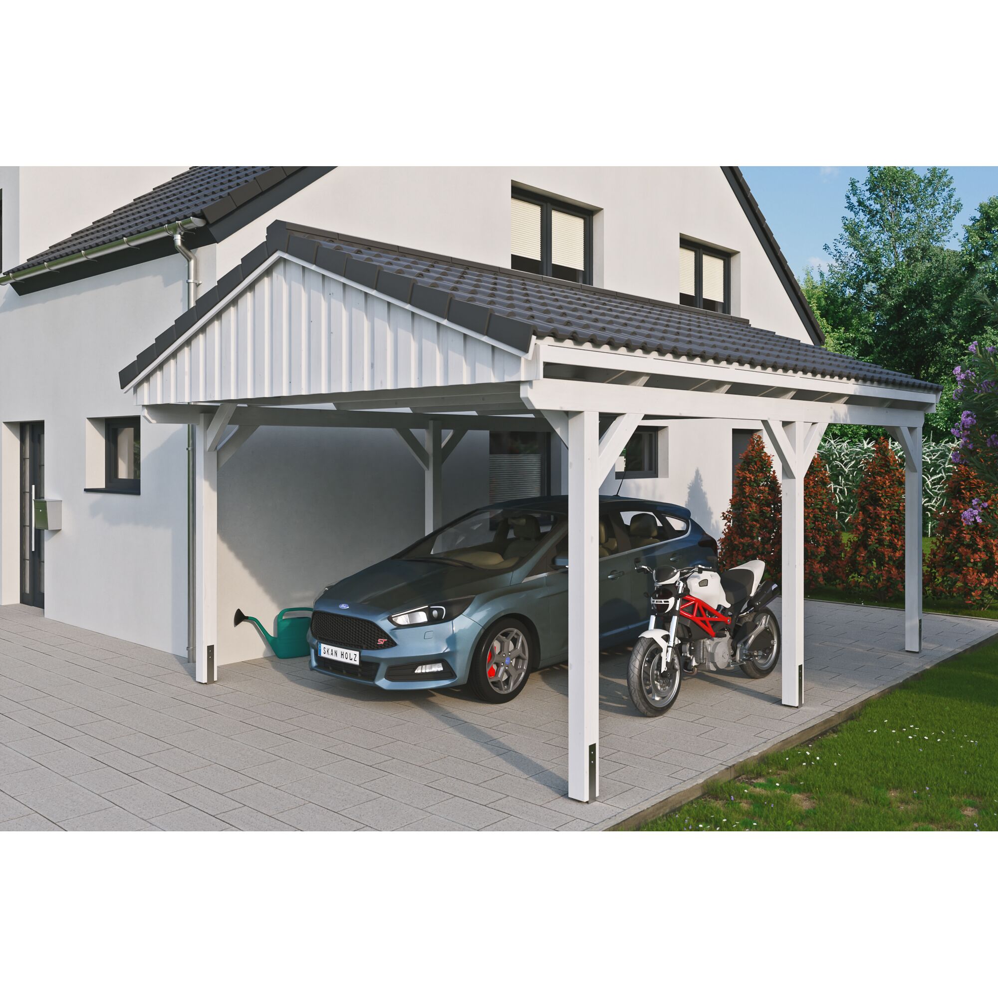 Weißer Carport aus Holz mit Auto und Motorrad