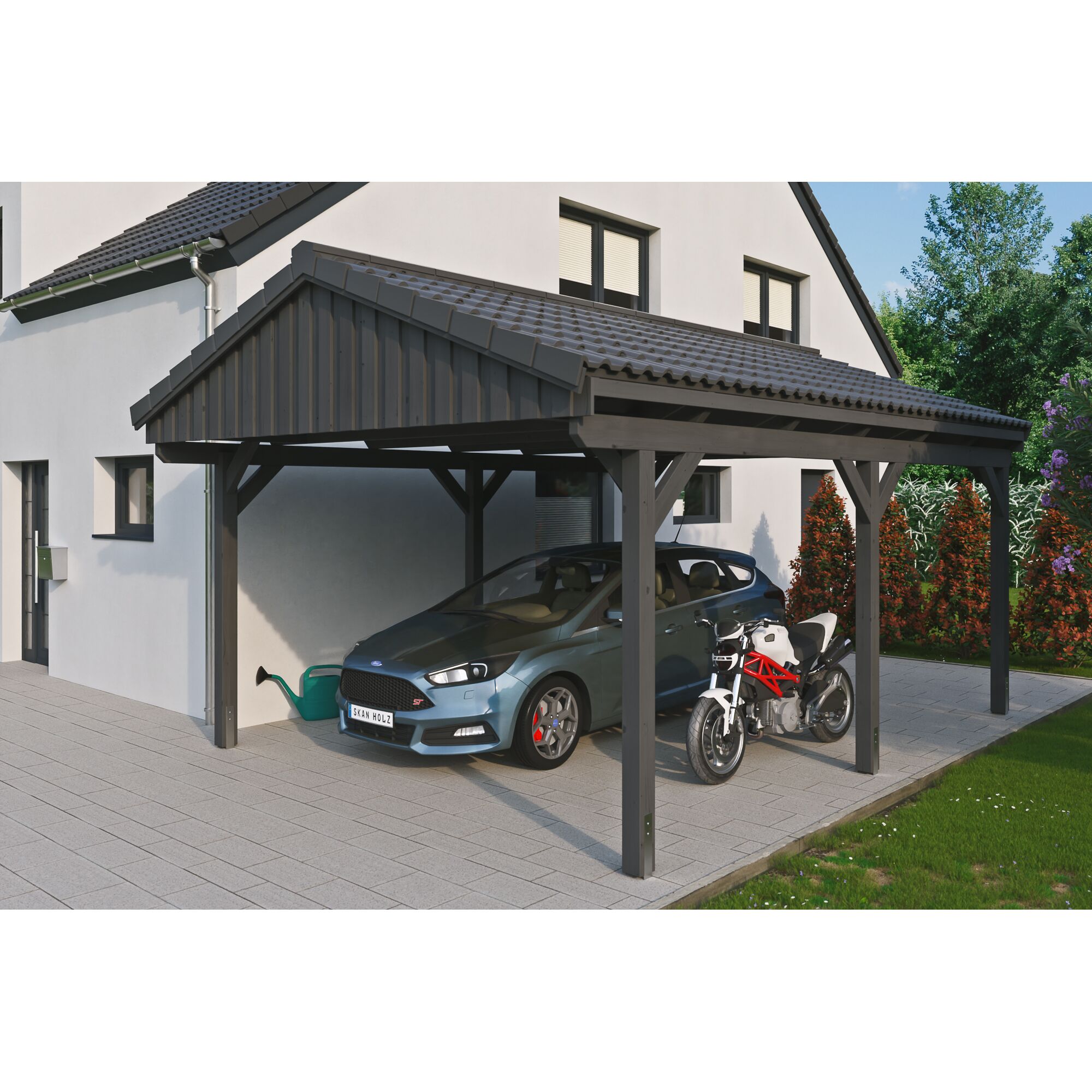 Auto und Motorrad unter einem schwarzen Carport