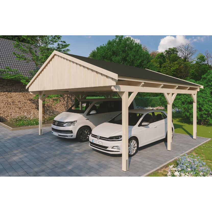 Zwei Autos unter einem Carport aus Holz.