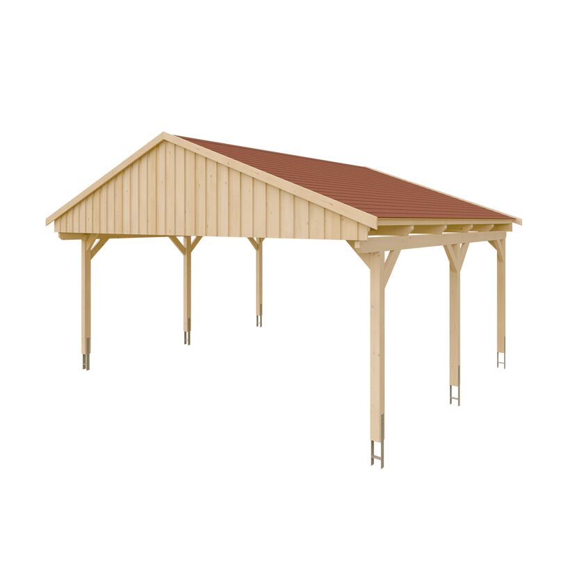 Holzcarport mit rotem Dach