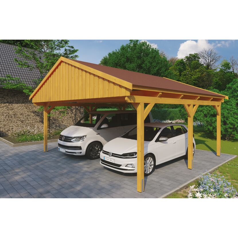 Doppelcarport aus Holz mit zwei Autos