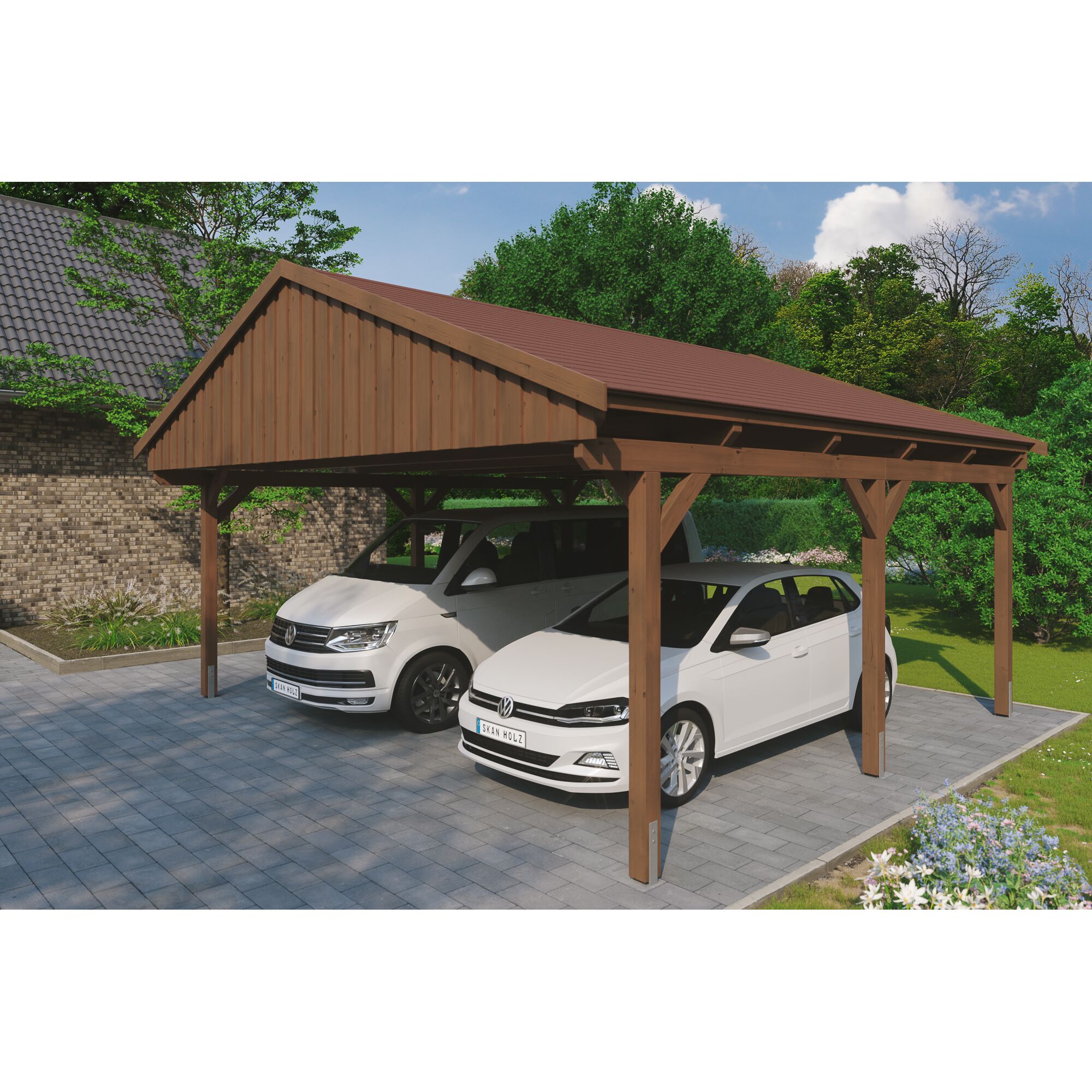 Doppelcarport aus Holz mit zwei Autos