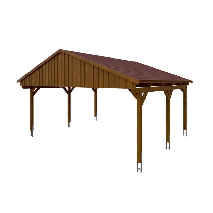 Holzcarport mit rotem Dach