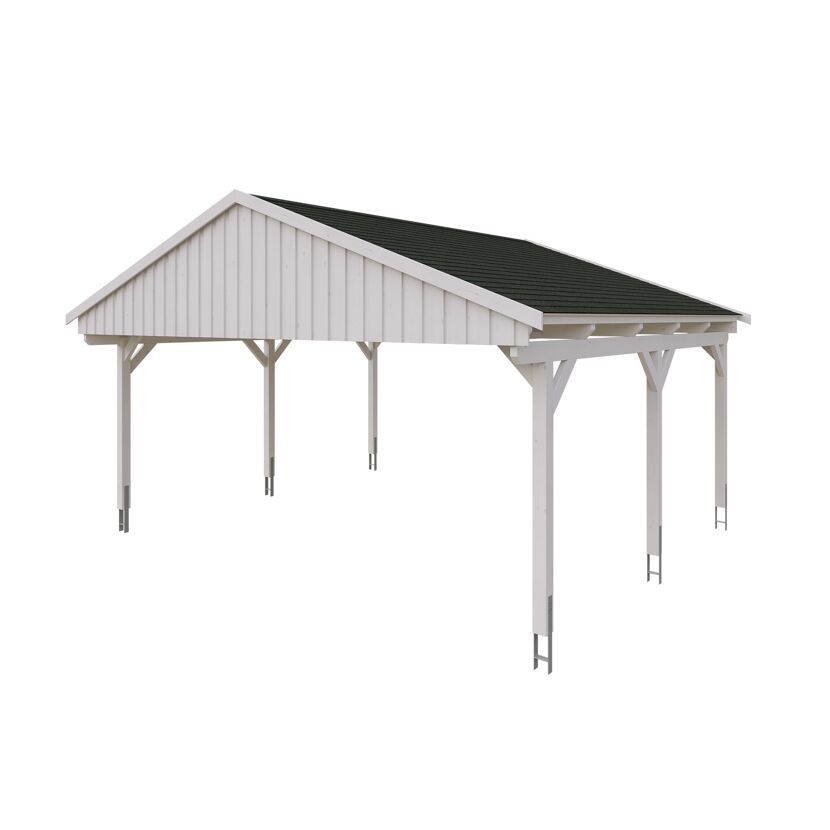 Weißer Carport mit schwarzem Dach