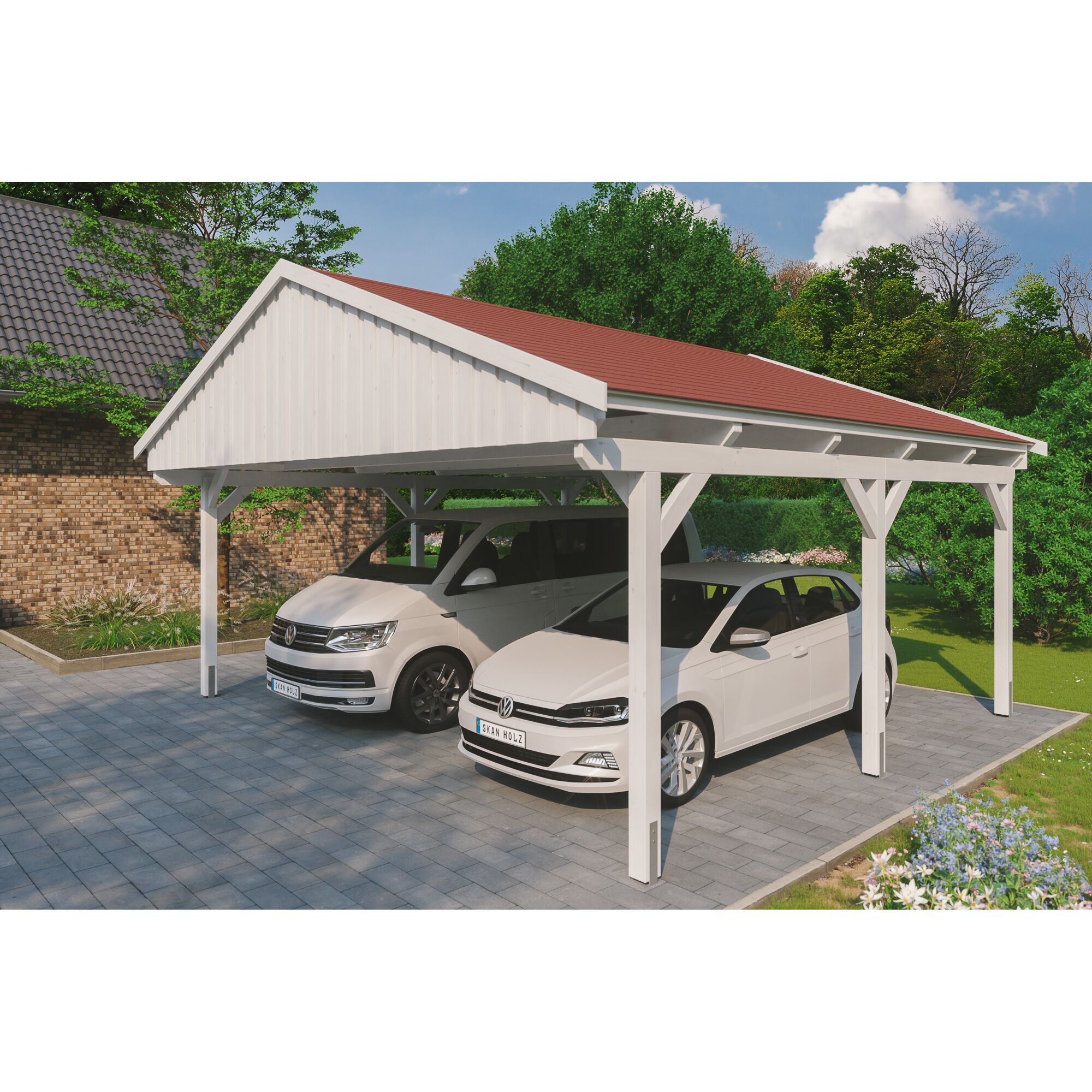Doppelcarport mit rotem Dach und zwei Autos