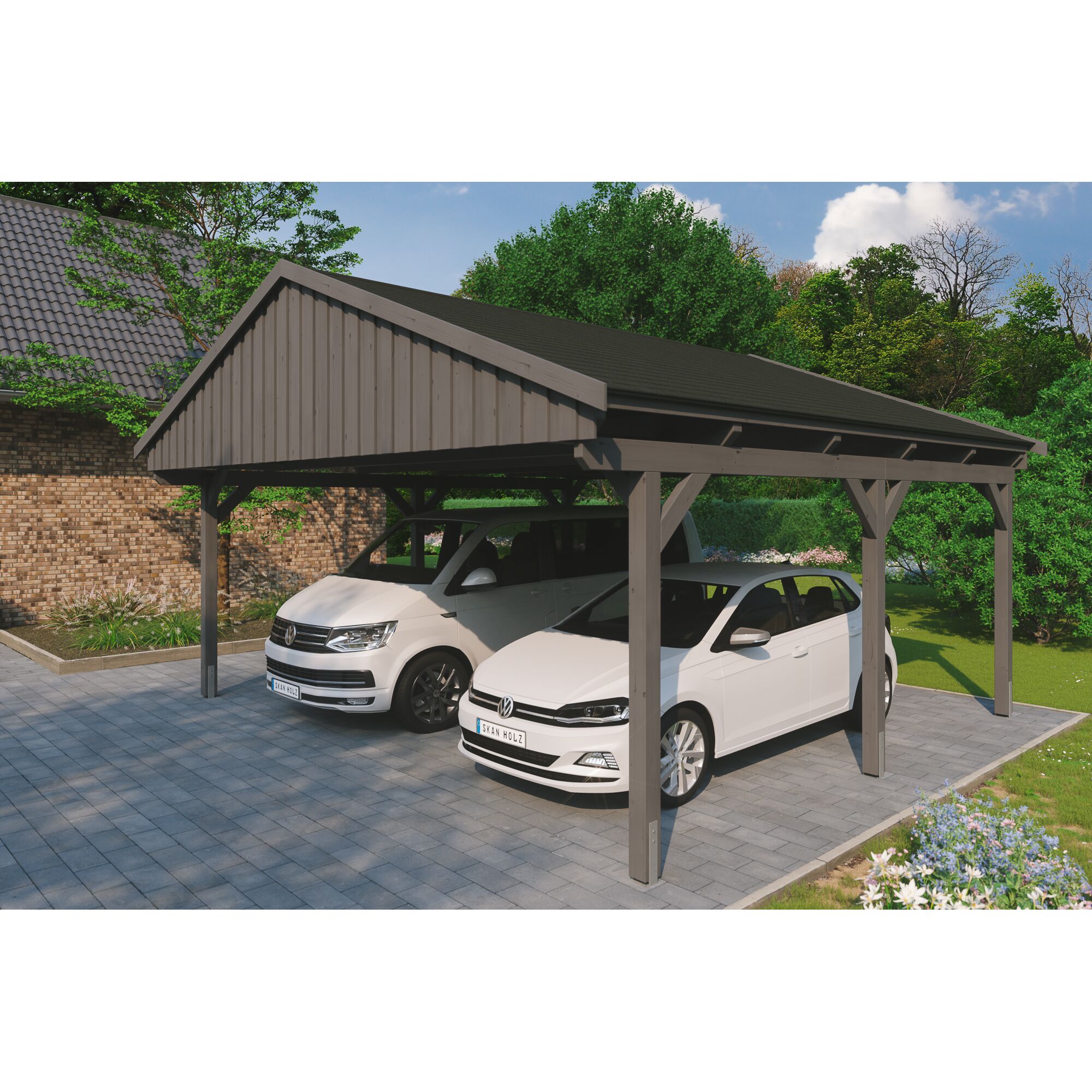 Zwei Autos unter einem grauen Carport