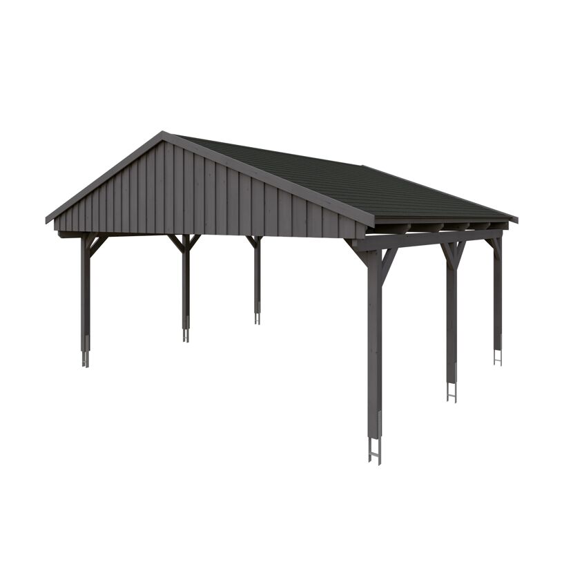 Grauer Carport mit schwarzem Dach
