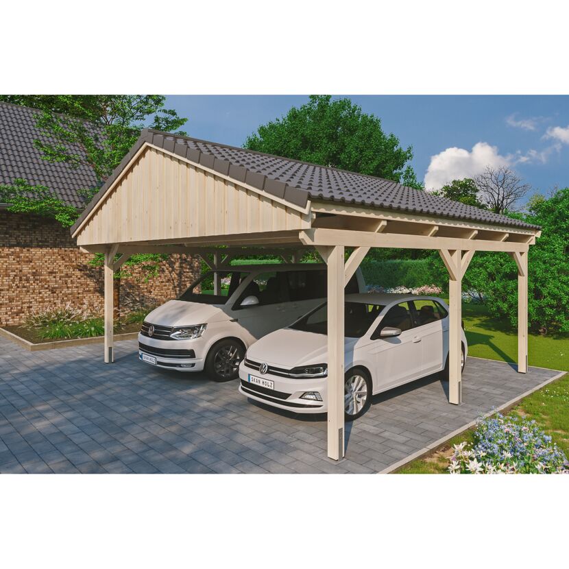 Zwei Autos unter einem Carport aus Holz.