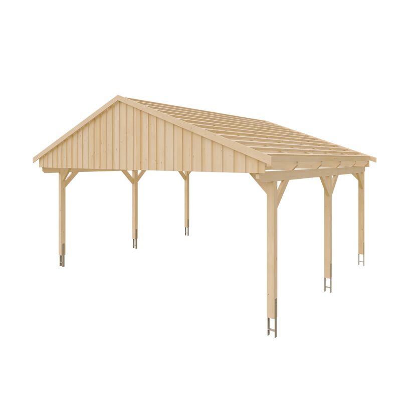 Holzcarport mit sichtbarem Dachgebälk
