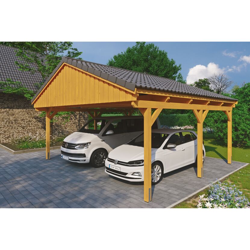 Doppelcarport aus Holz mit zwei Autos