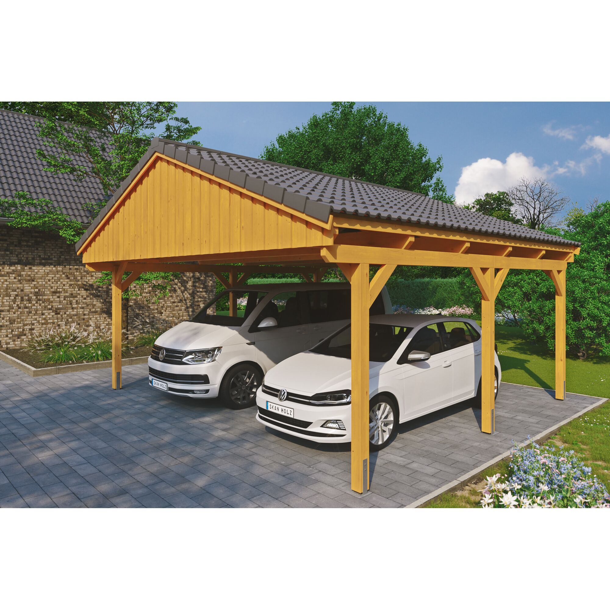 Doppelcarport aus Holz mit zwei Autos