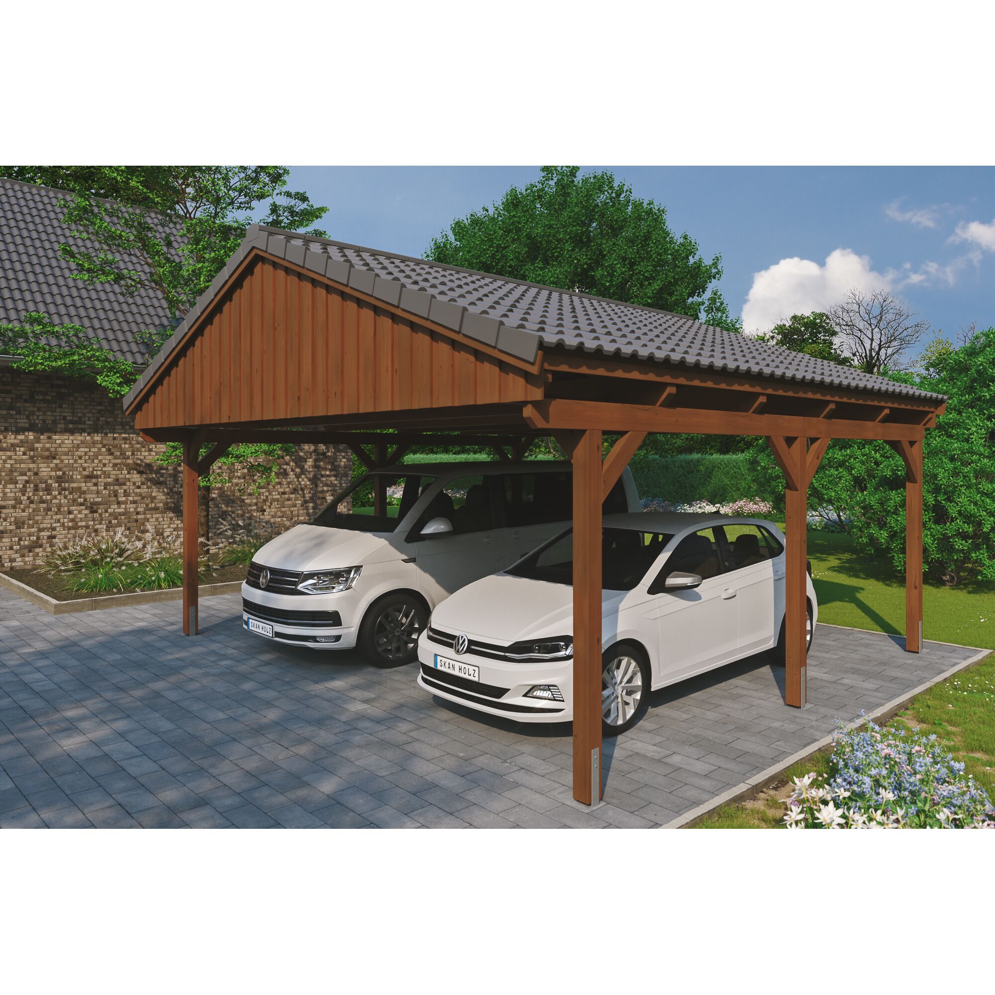 Doppelter Carport aus Holz mit Ziegeldach