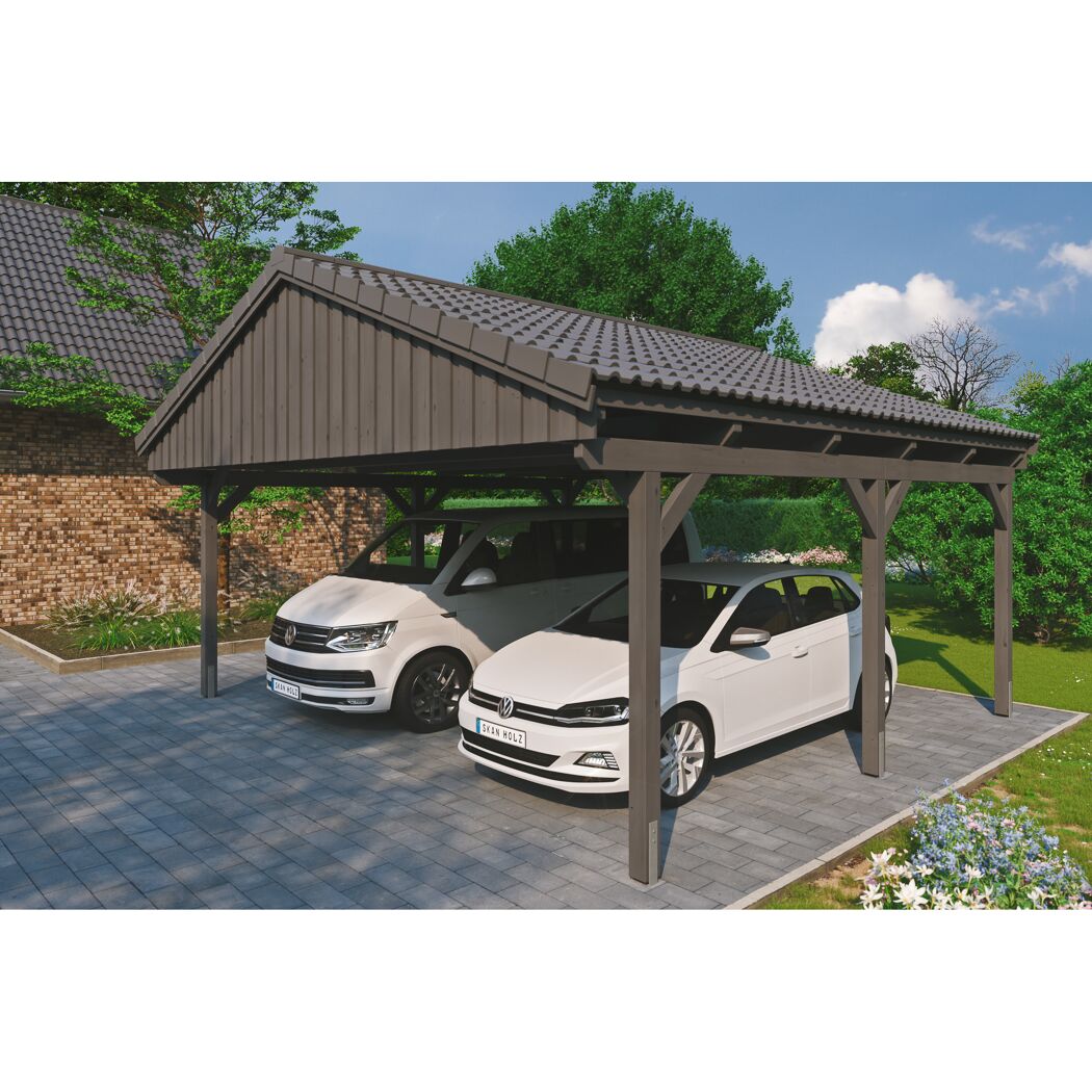 Doppelcarport aus Holz mit geparkten Autos