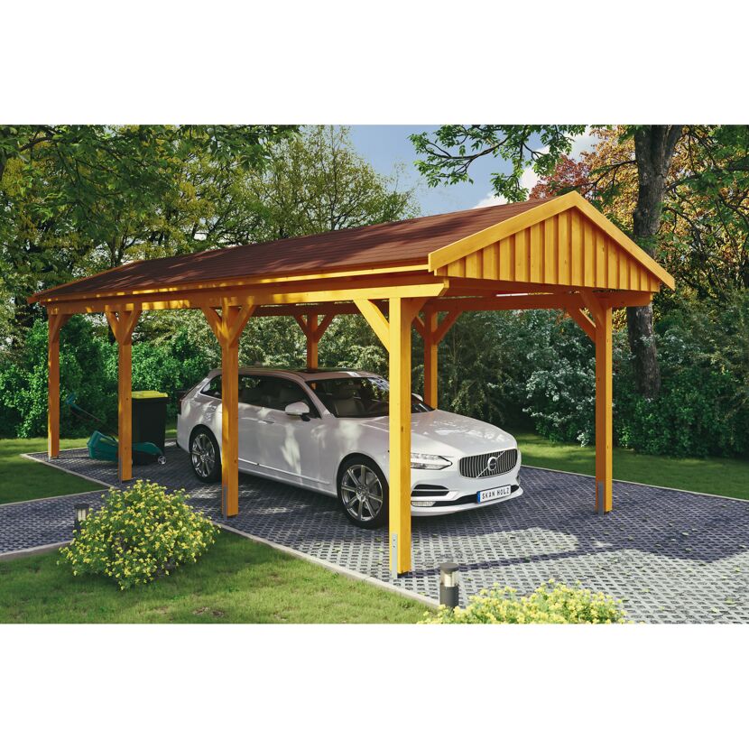 Auto steht unter einem hölzernen Carport