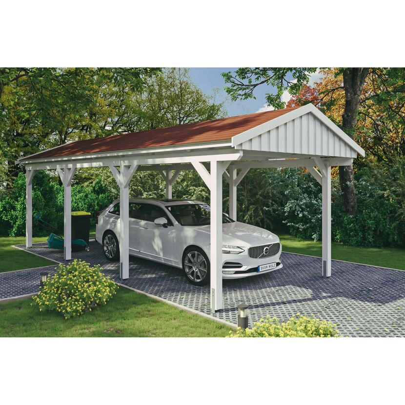 Weißer Carport mit rotem Dach und einem Auto darunter.