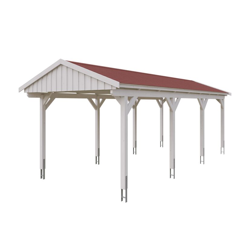 Weißer Carport mit rotem Dach