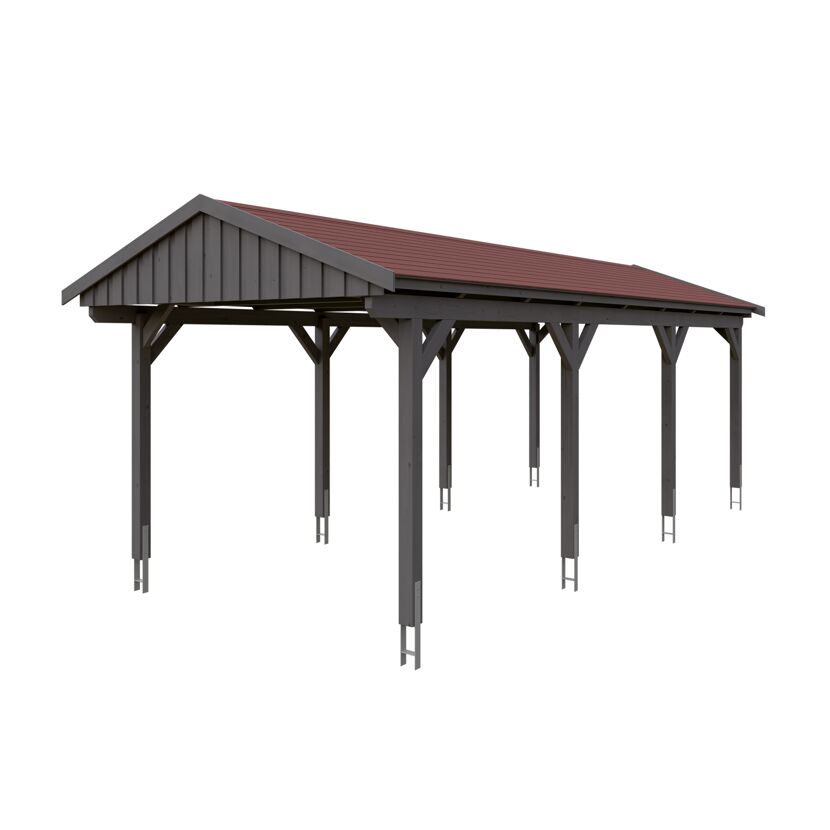 Grauer Carport mit rotem Dach