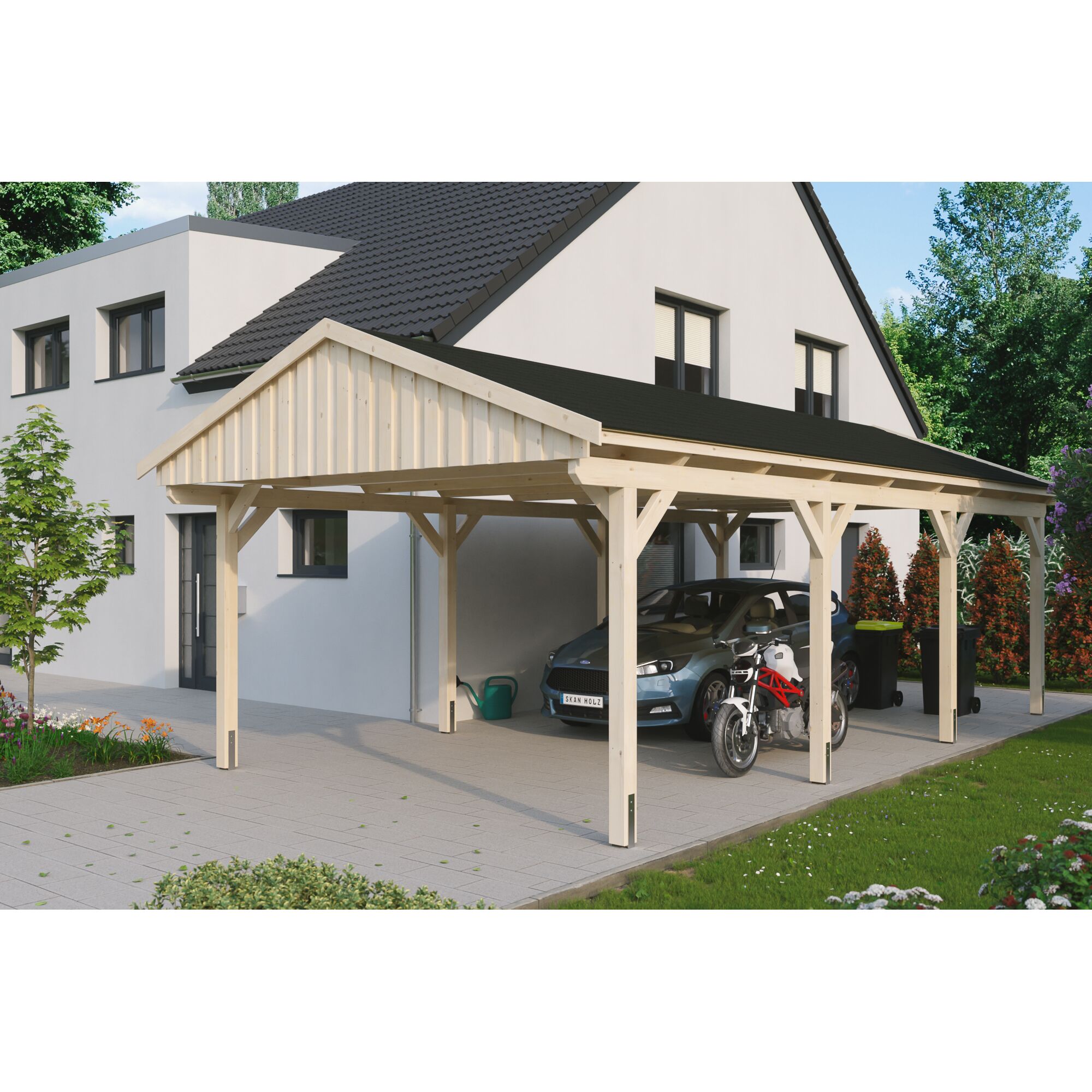 Doppelcarport aus Holz mit Auto und Motorrad