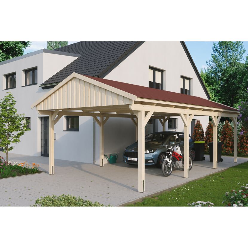 Doppelcarport aus Holz mit Auto und Motorrad
