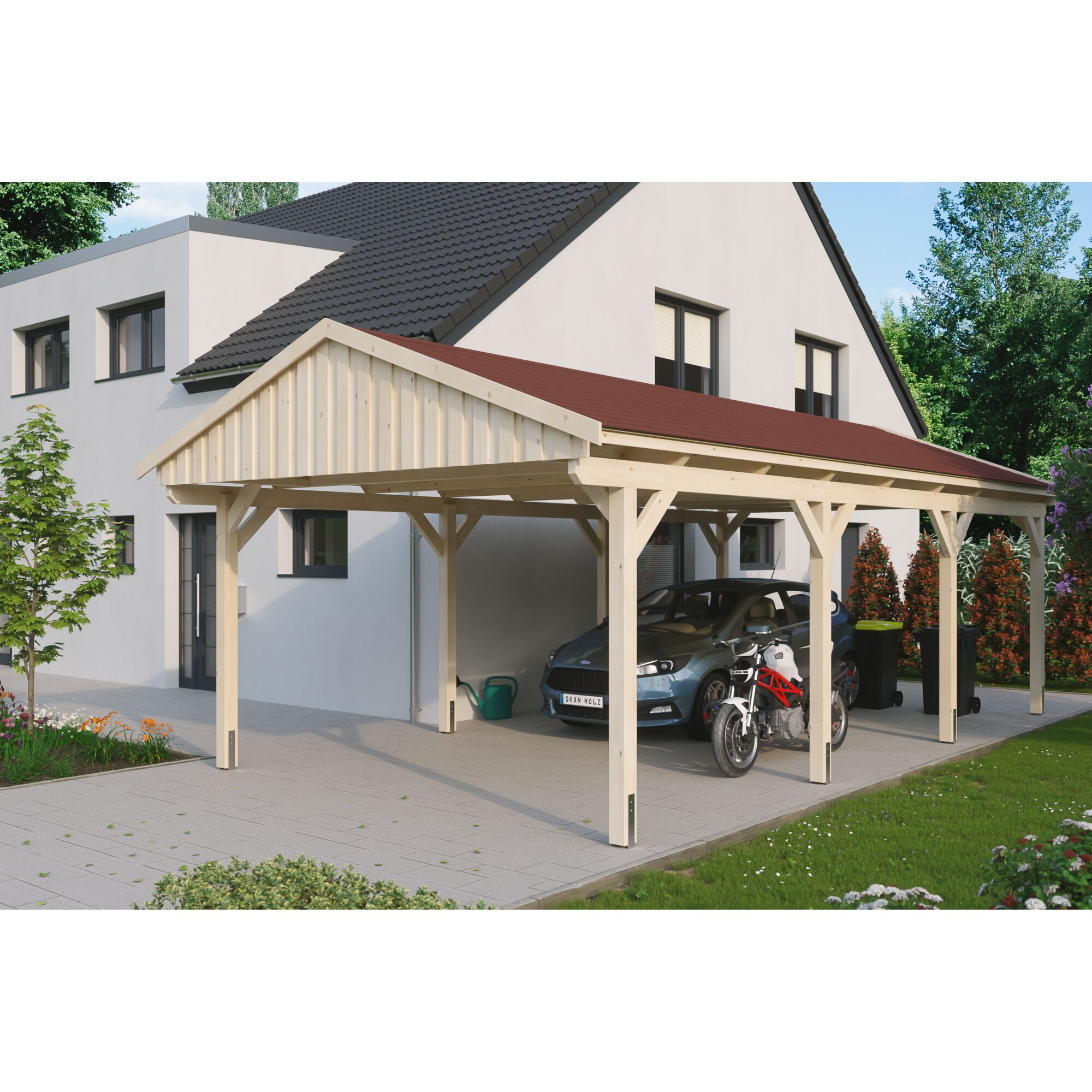 Doppelcarport aus Holz mit Auto und Motorrad