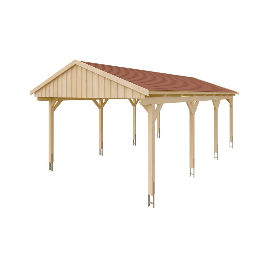 Holzcarport mit rotem Dach