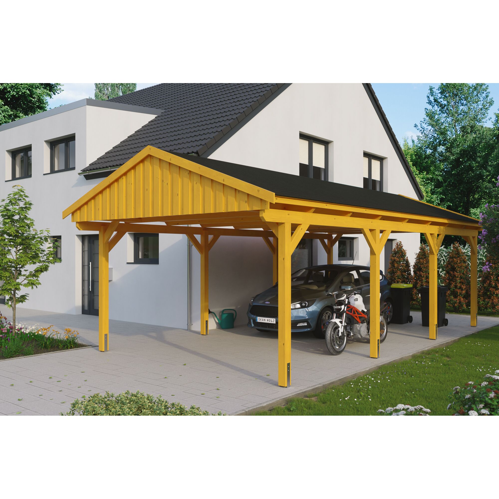 Holzcarport mit Auto und Motorrad