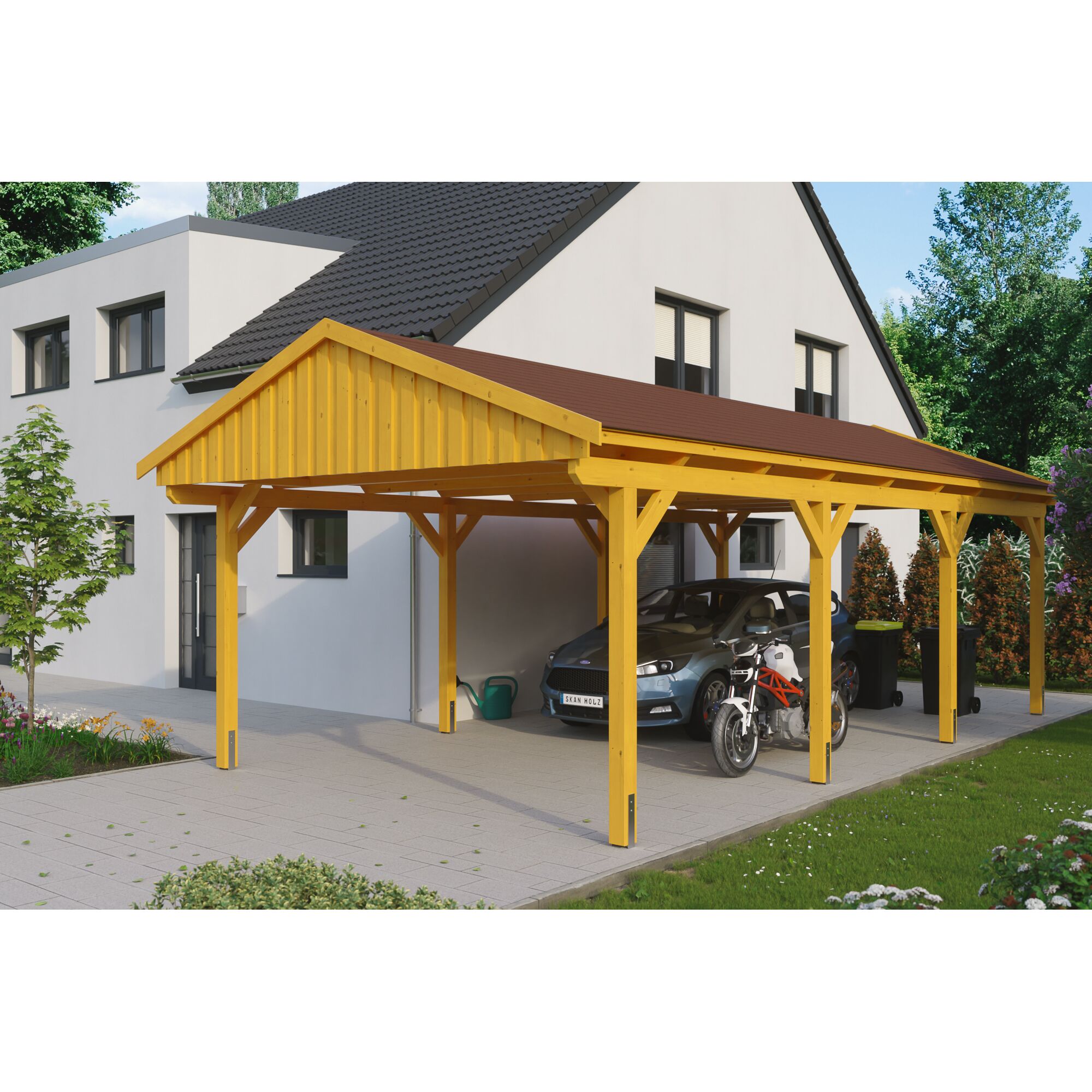 Gelber Carport aus Holz mit Auto und Motorrad